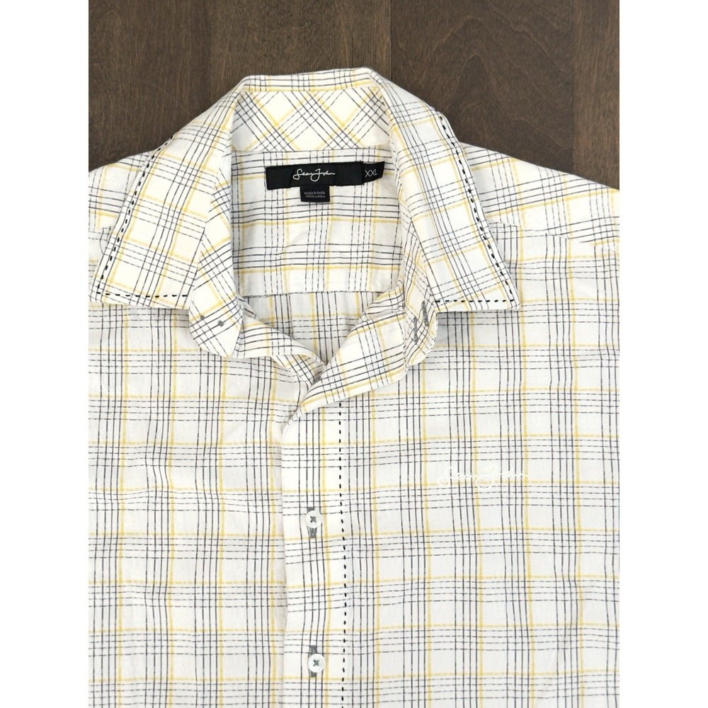 Sean John Mens Button Down White & Yellow Plaid Shirt Size 2XL Short Sleeve Logo